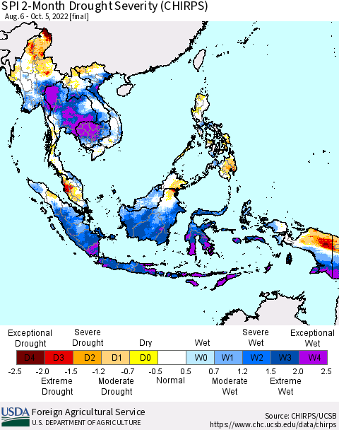 South East Asia SPI 2-Month Drought Severity (CHIRPS) Thematic Map For 8/6/2022 - 10/5/2022