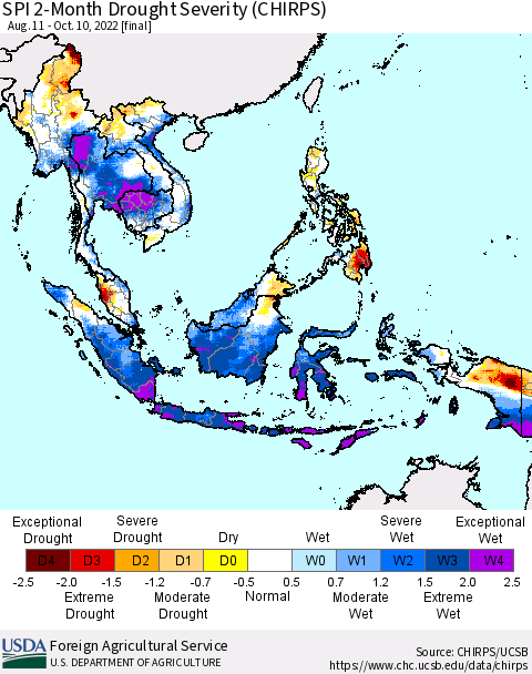 South East Asia SPI 2-Month Drought Severity (CHIRPS) Thematic Map For 8/11/2022 - 10/10/2022