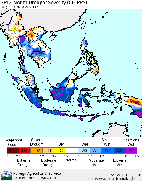South East Asia SPI 2-Month Drought Severity (CHIRPS) Thematic Map For 8/21/2022 - 10/20/2022