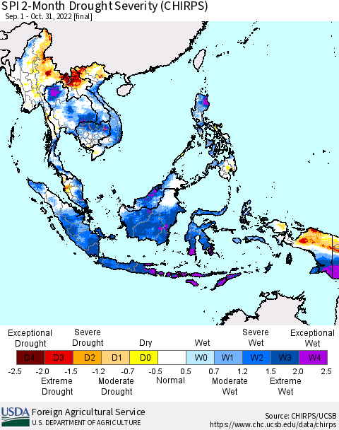 South East Asia SPI 2-Month Drought Severity (CHIRPS) Thematic Map For 9/1/2022 - 10/31/2022
