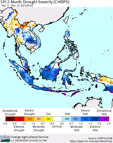 South East Asia SPI 2-Month Drought Severity (CHIRPS) Thematic Map For 9/11/2022 - 11/10/2022