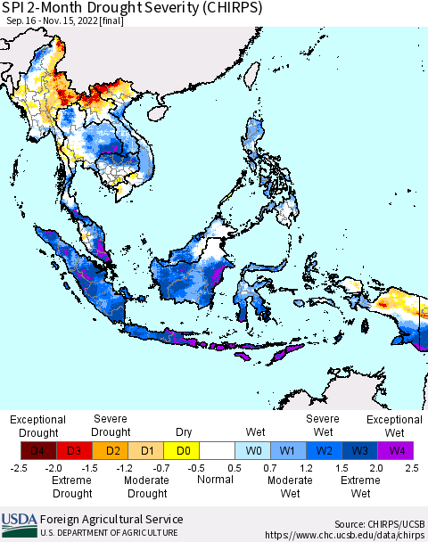 South East Asia SPI 2-Month Drought Severity (CHIRPS) Thematic Map For 9/16/2022 - 11/15/2022