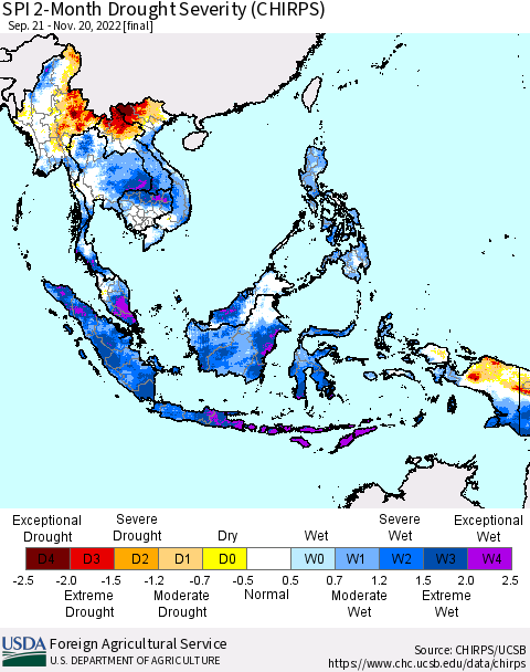 South East Asia SPI 2-Month Drought Severity (CHIRPS) Thematic Map For 9/21/2022 - 11/20/2022