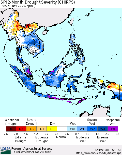 South East Asia SPI 2-Month Drought Severity (CHIRPS) Thematic Map For 9/26/2022 - 11/25/2022