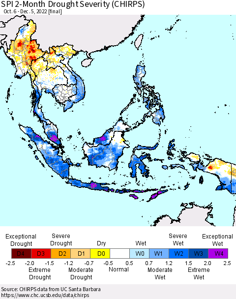 South East Asia SPI 2-Month Drought Severity (CHIRPS) Thematic Map For 10/6/2022 - 12/5/2022