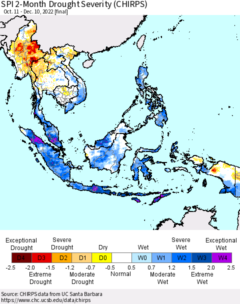 South East Asia SPI 2-Month Drought Severity (CHIRPS) Thematic Map For 10/11/2022 - 12/10/2022