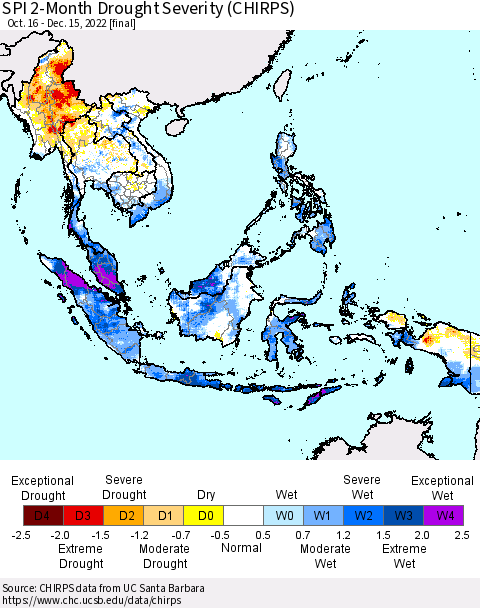 South East Asia SPI 2-Month Drought Severity (CHIRPS) Thematic Map For 10/16/2022 - 12/15/2022
