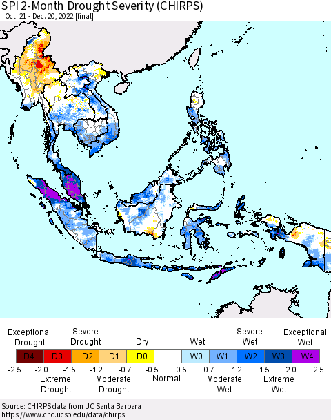 South East Asia SPI 2-Month Drought Severity (CHIRPS) Thematic Map For 10/21/2022 - 12/20/2022