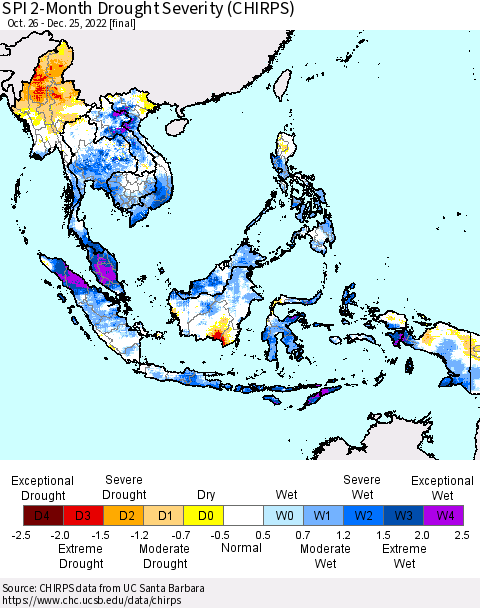 South East Asia SPI 2-Month Drought Severity (CHIRPS) Thematic Map For 10/26/2022 - 12/25/2022