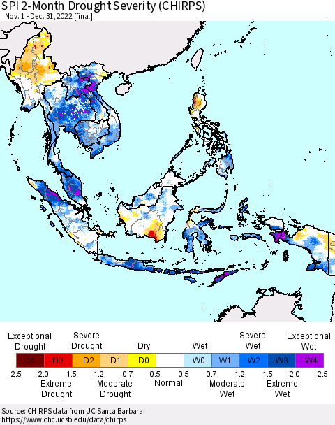 South East Asia SPI 2-Month Drought Severity (CHIRPS) Thematic Map For 11/1/2022 - 12/31/2022