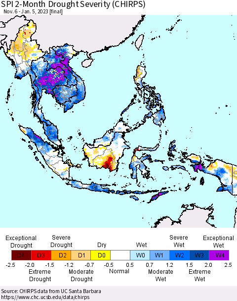 South East Asia SPI 2-Month Drought Severity (CHIRPS) Thematic Map For 11/6/2022 - 1/5/2023
