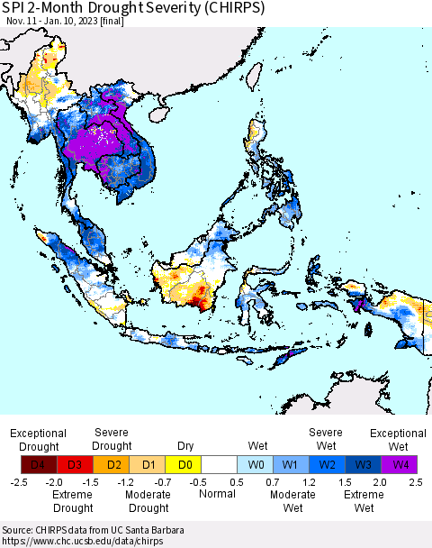 South East Asia SPI 2-Month Drought Severity (CHIRPS) Thematic Map For 11/11/2022 - 1/10/2023
