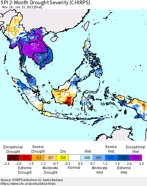 South East Asia SPI 2-Month Drought Severity (CHIRPS) Thematic Map For 11/16/2022 - 1/15/2023