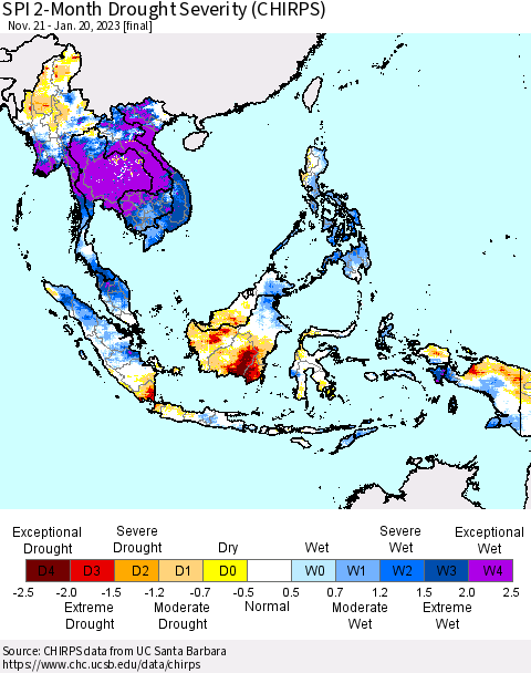 South East Asia SPI 2-Month Drought Severity (CHIRPS) Thematic Map For 11/21/2022 - 1/20/2023