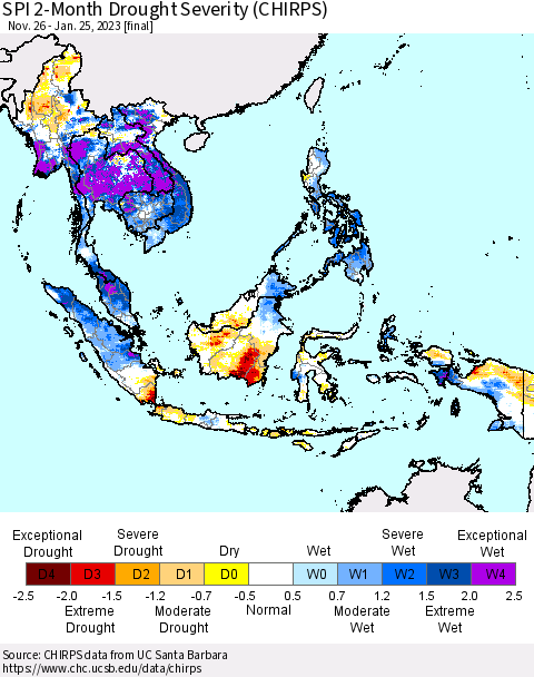South East Asia SPI 2-Month Drought Severity (CHIRPS) Thematic Map For 11/26/2022 - 1/25/2023