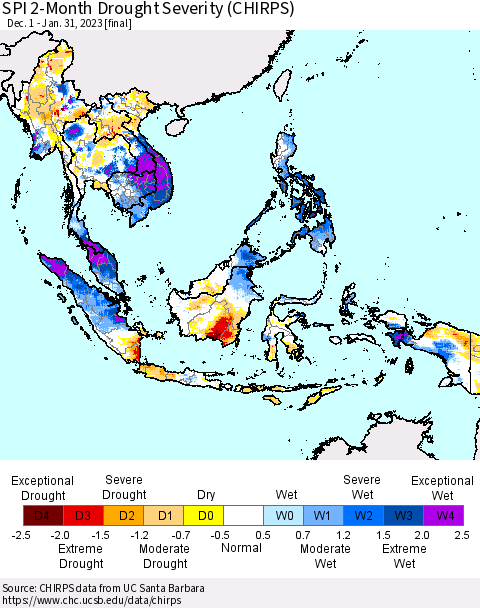 South East Asia SPI 2-Month Drought Severity (CHIRPS) Thematic Map For 12/1/2022 - 1/31/2023