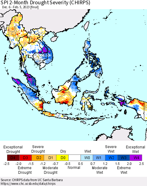 South East Asia SPI 2-Month Drought Severity (CHIRPS) Thematic Map For 12/6/2022 - 2/5/2023