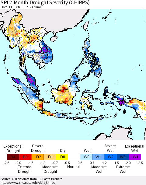 South East Asia SPI 2-Month Drought Severity (CHIRPS) Thematic Map For 12/11/2022 - 2/10/2023