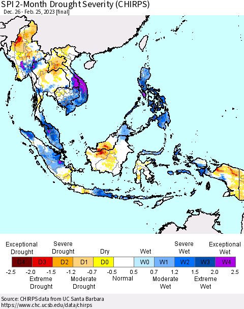 South East Asia SPI 2-Month Drought Severity (CHIRPS) Thematic Map For 12/26/2022 - 2/25/2023