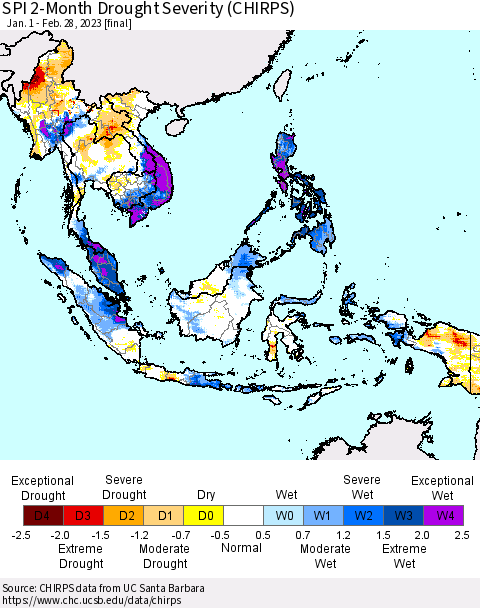 South East Asia SPI 2-Month Drought Severity (CHIRPS) Thematic Map For 1/1/2023 - 2/28/2023