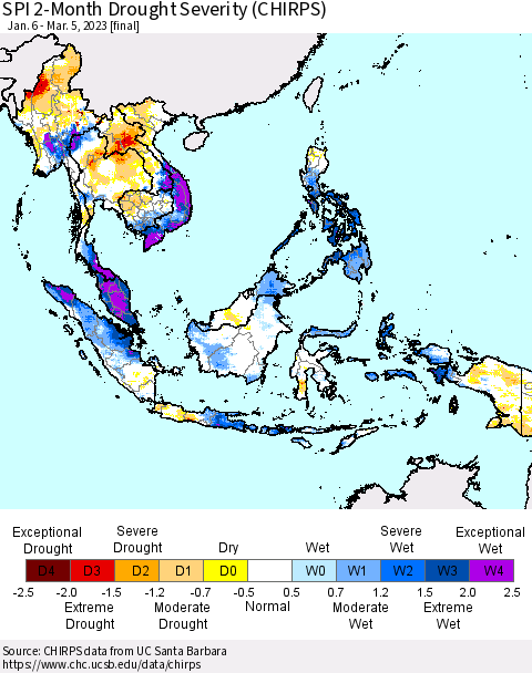South East Asia SPI 2-Month Drought Severity (CHIRPS) Thematic Map For 1/6/2023 - 3/5/2023