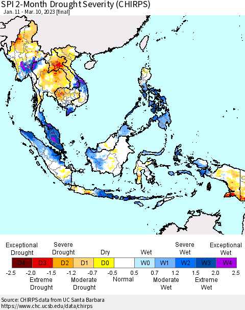 South East Asia SPI 2-Month Drought Severity (CHIRPS) Thematic Map For 1/11/2023 - 3/10/2023