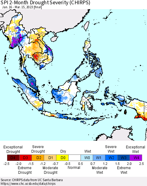 South East Asia SPI 2-Month Drought Severity (CHIRPS) Thematic Map For 1/16/2023 - 3/15/2023