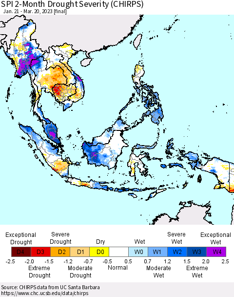 South East Asia SPI 2-Month Drought Severity (CHIRPS) Thematic Map For 1/21/2023 - 3/20/2023