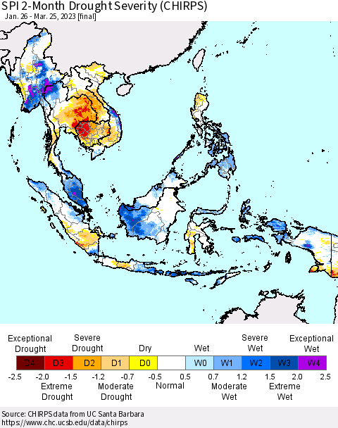 South East Asia SPI 2-Month Drought Severity (CHIRPS) Thematic Map For 1/26/2023 - 3/25/2023