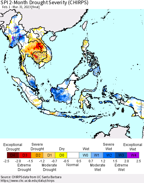 South East Asia SPI 2-Month Drought Severity (CHIRPS) Thematic Map For 2/1/2023 - 3/31/2023