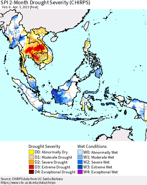 South East Asia SPI 2-Month Drought Severity (CHIRPS) Thematic Map For 2/6/2023 - 4/5/2023