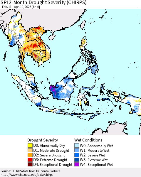 South East Asia SPI 2-Month Drought Severity (CHIRPS) Thematic Map For 2/11/2023 - 4/10/2023
