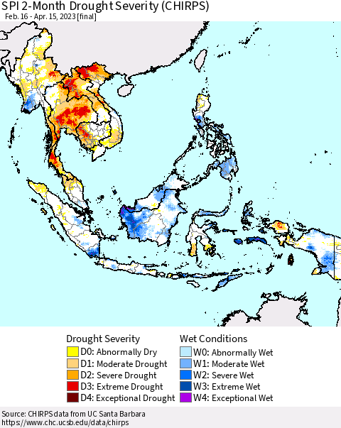 South East Asia SPI 2-Month Drought Severity (CHIRPS) Thematic Map For 2/16/2023 - 4/15/2023