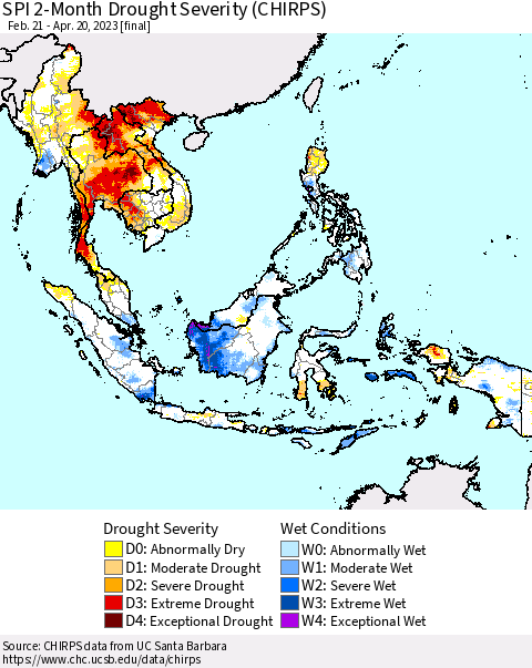South East Asia SPI 2-Month Drought Severity (CHIRPS) Thematic Map For 2/21/2023 - 4/20/2023