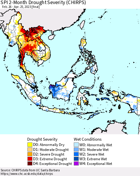 South East Asia SPI 2-Month Drought Severity (CHIRPS) Thematic Map For 2/26/2023 - 4/25/2023