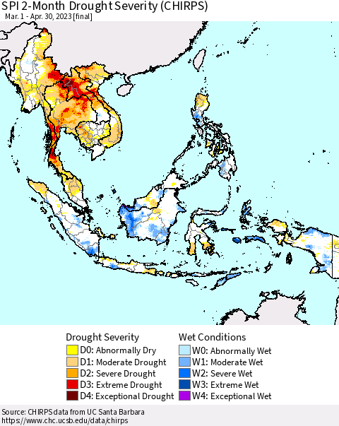 South East Asia SPI 2-Month Drought Severity (CHIRPS) Thematic Map For 3/1/2023 - 4/30/2023