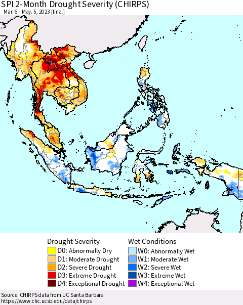 South East Asia SPI 2-Month Drought Severity (CHIRPS) Thematic Map For 3/6/2023 - 5/5/2023