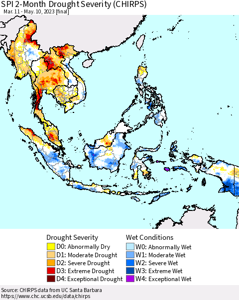 South East Asia SPI 2-Month Drought Severity (CHIRPS) Thematic Map For 3/11/2023 - 5/10/2023
