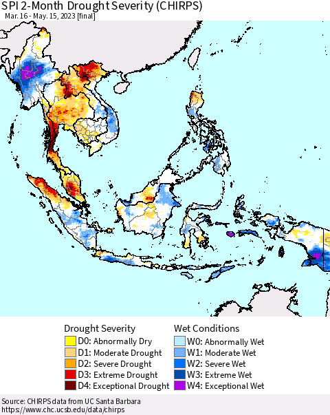 South East Asia SPI 2-Month Drought Severity (CHIRPS) Thematic Map For 3/16/2023 - 5/15/2023