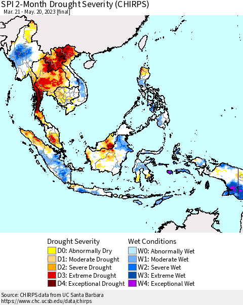 South East Asia SPI 2-Month Drought Severity (CHIRPS) Thematic Map For 3/21/2023 - 5/20/2023