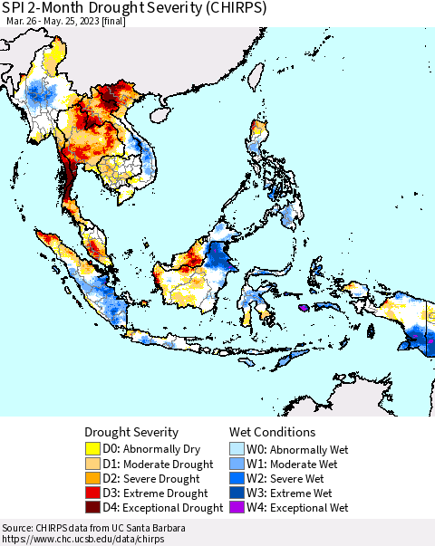 South East Asia SPI 2-Month Drought Severity (CHIRPS) Thematic Map For 3/26/2023 - 5/25/2023