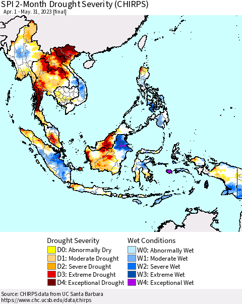 South East Asia SPI 2-Month Drought Severity (CHIRPS) Thematic Map For 4/1/2023 - 5/31/2023