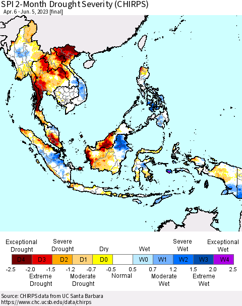 South East Asia SPI 2-Month Drought Severity (CHIRPS) Thematic Map For 4/6/2023 - 6/5/2023