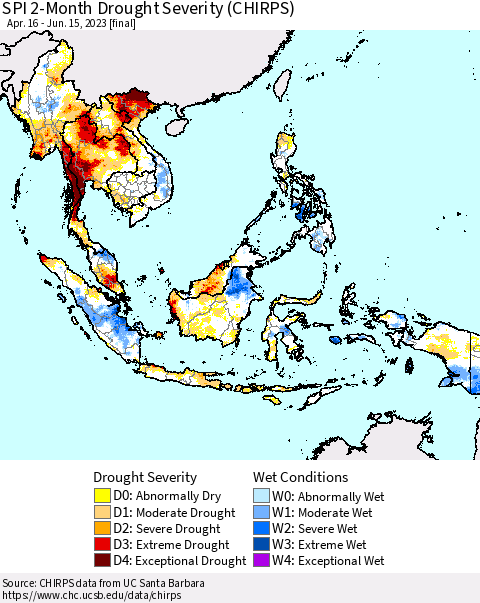 South East Asia SPI 2-Month Drought Severity (CHIRPS) Thematic Map For 4/16/2023 - 6/15/2023