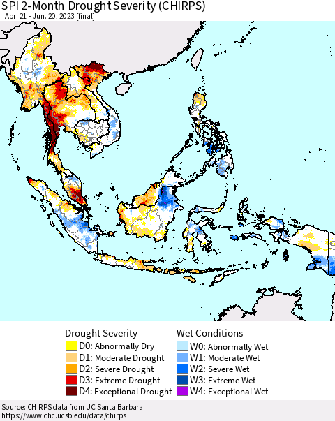 South East Asia SPI 2-Month Drought Severity (CHIRPS) Thematic Map For 4/21/2023 - 6/20/2023