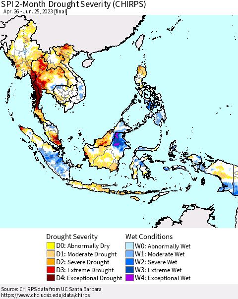 South East Asia SPI 2-Month Drought Severity (CHIRPS) Thematic Map For 4/26/2023 - 6/25/2023