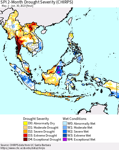 South East Asia SPI 2-Month Drought Severity (CHIRPS) Thematic Map For 5/1/2023 - 6/30/2023