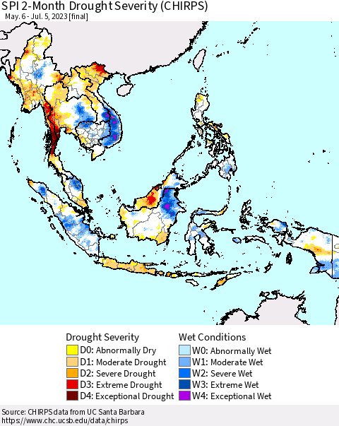 South East Asia SPI 2-Month Drought Severity (CHIRPS) Thematic Map For 5/6/2023 - 7/5/2023