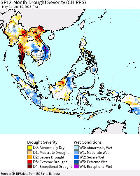 South East Asia SPI 2-Month Drought Severity (CHIRPS) Thematic Map For 5/11/2023 - 7/10/2023