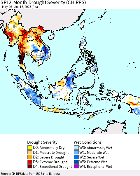 South East Asia SPI 2-Month Drought Severity (CHIRPS) Thematic Map For 5/16/2023 - 7/15/2023